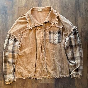 BiBi Brown Plaid Button Down Shirt with Frayed Edges